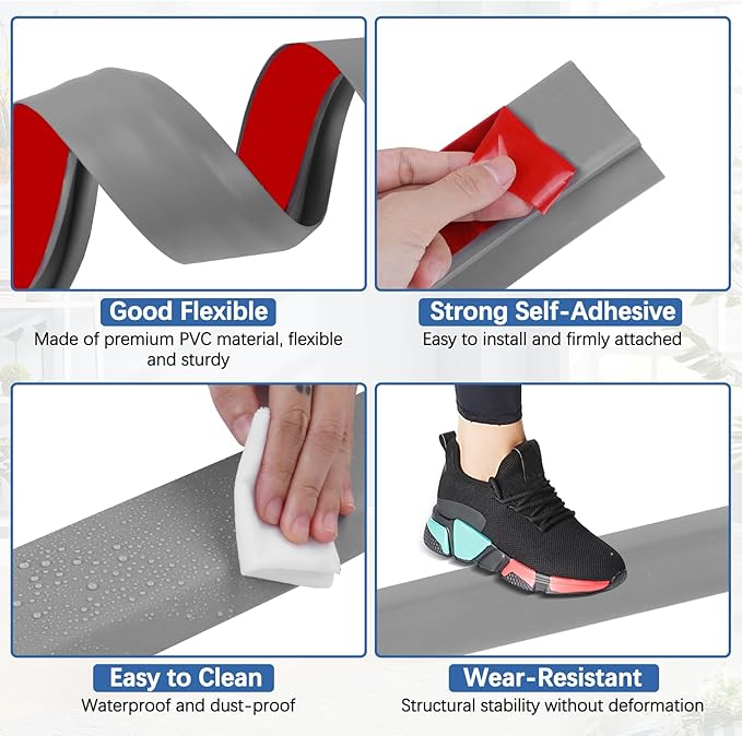 Vinyl Door Threshold Flooring Transition Strip Self Adhesive Carpet Edging Strip for Laminate Doorway Edge Threshold from 3/5" to 4/5" (Gray, 6.6 Ft)
