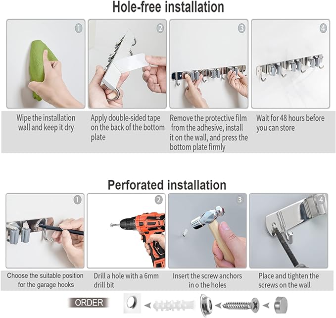 2 Pcs Mop Broom Holder Wall Mounted, Dustpan Holders, Stainless Steel Mop Hangers Organizer, Broom Rack, Utility Hook for Hanging Brooms and Mops(3 Racks 4 Hooks and 2 Racks 3 Hooks)