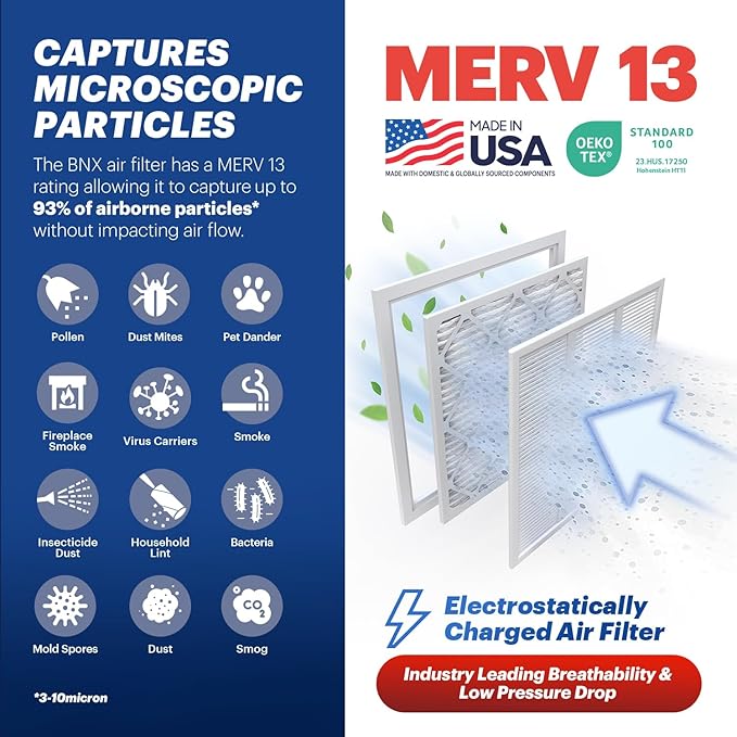 BNX TruFilter 14x18x1 Air Filter MERV 13 (6-Pack) - MADE IN USA - Electrostatic Pleated Air Conditioner HVAC AC Furnace Filters for Allergies, Pollen, Mold, Bacteria, Smoke, Allergen, MPR 1900 FPR 10
