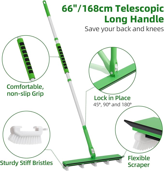 Grout Cleaner Brush with 66'' Long Handle Stiff Bristle Multi-Line Cleaner Adjustable Heads Grout Scrub Crevice Cleaning Brush for Tile Floor, Shower, Bathroom, Kitchen, Wall
