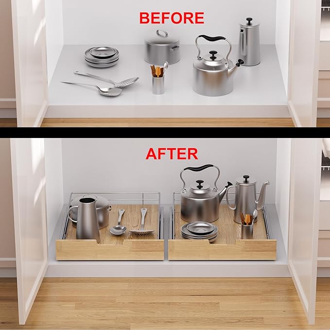 Pull Out Cabinet Organizer,Heavy-Duty Slide Out Shelf, Wood And Wire Basket, Pull Out Drawer for for Kitchen Under Sink Space, Pantry, Bathroom (17 * 21 WM)