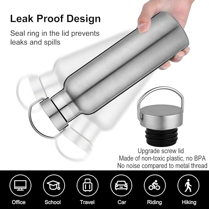 Neihepal Silver Stainless Steel Water Bottles,20 Ounce Vacuum Insulated Double Wall Travel Bottle with Leak Proof Lid of Handle,Metal Reusable Standard Mouth Flask Thermoses for School,Hikers,Gift