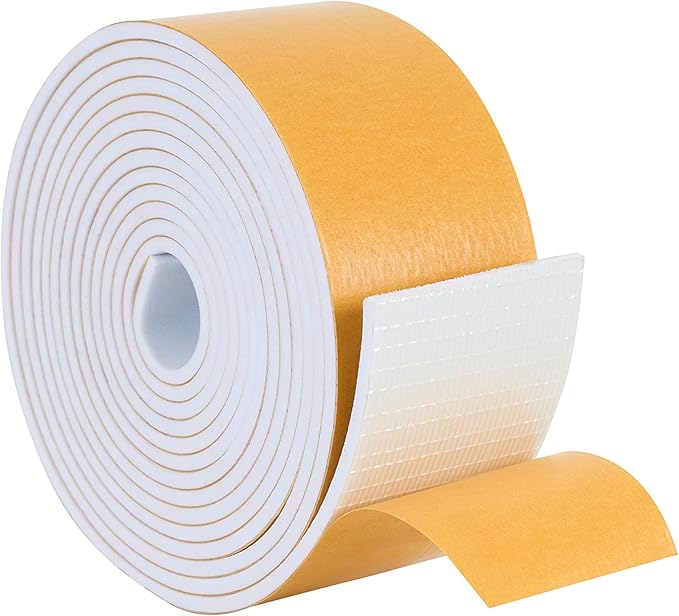 High Density Foam Weather Stripping Door Seal Strip Insulation Tape Roll for Insulating Door Frame, Window, Air Conditioner | Self Adhesive Sealing Weatherstrip (2 in x 1/16 in x 10 Ft, White)
