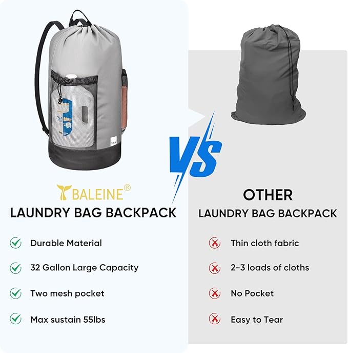 BALEINE 150L Laundry Bag Backpack, 900D Oxford Fabric Large Travel Laundry Bags with Shoulder Straps and 2 Mesh Pockets for College Dorm, Apartment, Laundromat (Grey, 150L)