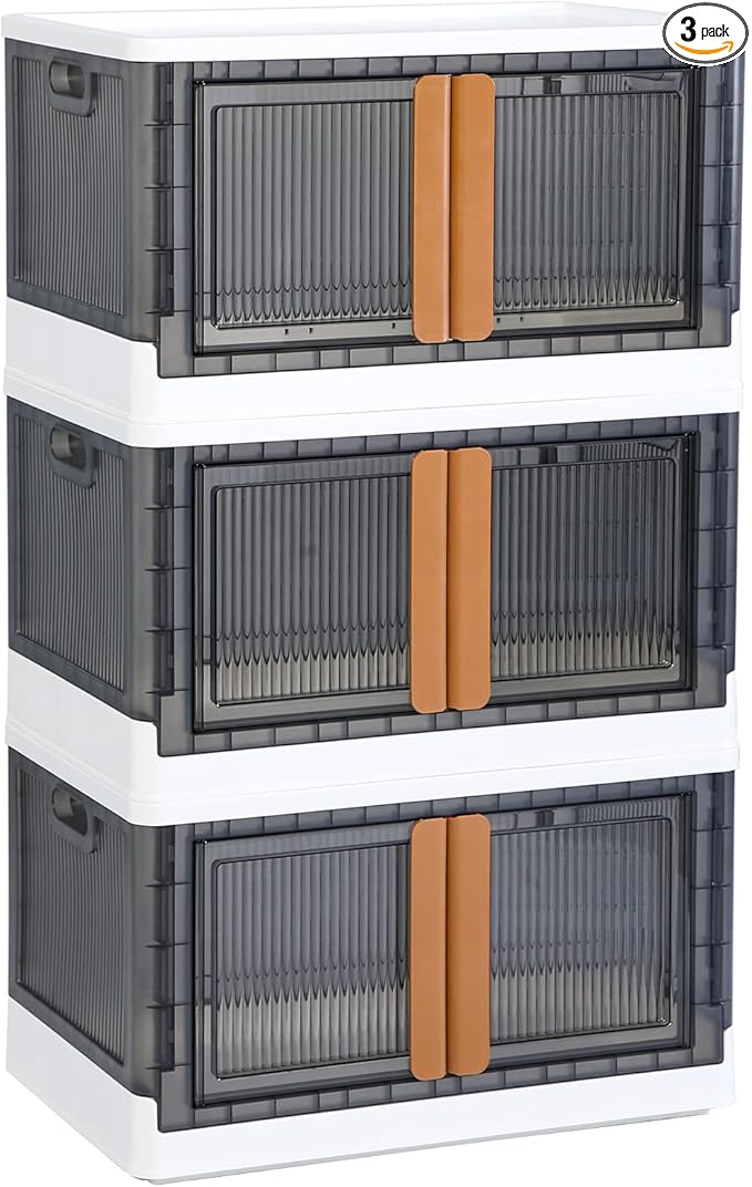 HAIXIN Storage Bins with Lids - Collapsible Storage Bins, Wardrobe Closet Organizer, 19 Gal Stackable Toy Storage, Foldable Plastic Storage Container with Door, Crate for Book Storage (3 Pack)
