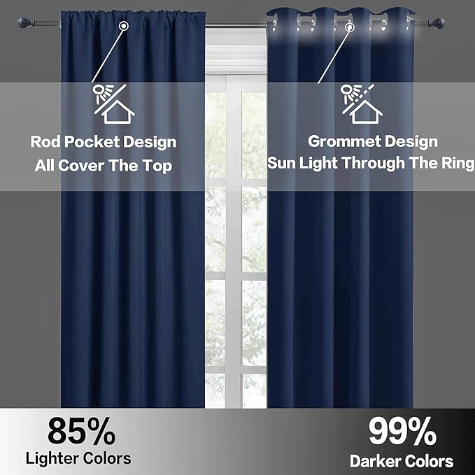 RYB HOME Blackout Curtains Small Window Decor Light Block Thermal Insulated Drapes for Bedroom Bathroom Kitchen Cabinet, W 29 x L 36 inch, Navy Blue, 2 Panels