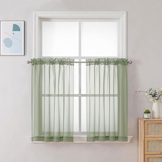 Chyhomenyc Sheer Curtains Tiers 42W x 24L Inches 2 Pieces Set, Light Filtering Small Curtains, Short Bathroom Living Room Cafe Basement Voile Window Curtain, Rod Pocket, Sage Green