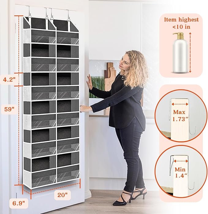Over the Door Organizer 6 Tiers, Extra Large Behind Door Storage of 12 Compartments, 80 lbs Weight Capacity Hanging Storage Organizer with Clear Window Kids Toys, Shoes, Diapers, Room storage