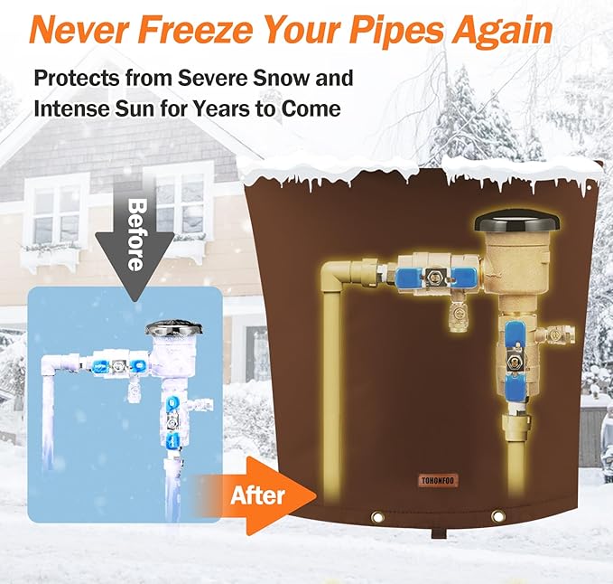 TOHONFOO Backflow Preventer Pipe Insulation Cover (5°F) - Irrigation Sprinkler Valve Insulated Pouch - Water Well Pump Cover - Sturdy 5 Layers for Winter Freeze Protection, 24" W x 26" H, Brown