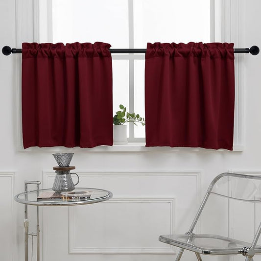 Pickluc Rod Pocket Tier Curtain - Half Blackout Curtain for Kitchen, Bathroom, Cabinet, Basement, 42 Inches Wide and 36 Inches Long, Burgundy Red, 2 Panels