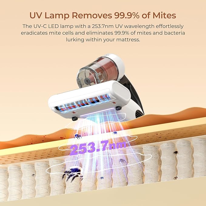 JIGOO J200 Improve Sleep Mattress Vacuum Cleaner Uv Sanitizing, Deep Cleaning Bed Vacuum Non-Destructive Fabrics, 99.9% Effective Filtration for Allergy Sufferers