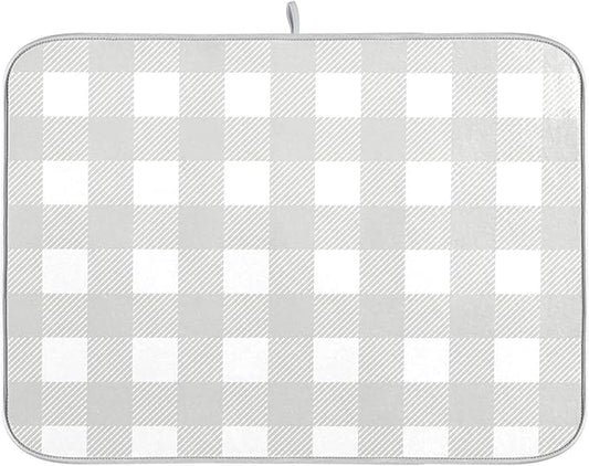 Buffalo Plaid Gray White Dish Drying Mat for Kitchen Countertop 18x24 Chessboard Rectangle Large Drying Mat Reusable Quick Dry Dish Sink Absorbent Mats Dishwasher Easy Clean Decorative Home Essentials