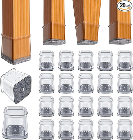 BUMACO Chair Leg Floor Protectors Square Chair Leg Protectors for Hardwood Floors Silicone Pads Covers to Protect Floors Clear-20 Pcs Square S (3/4" to 1")