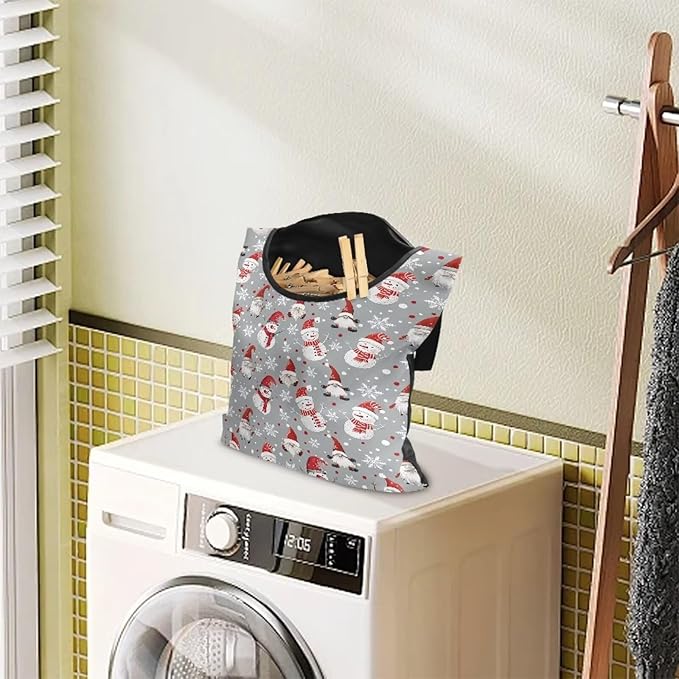 Cute Snowman Large Capacity 14.5 x 12 Inch Clothespin Bag with Hanging Hook Waterproof Clothes Pin Hanging Bag Clothespin Storage Organizer with Large Opening