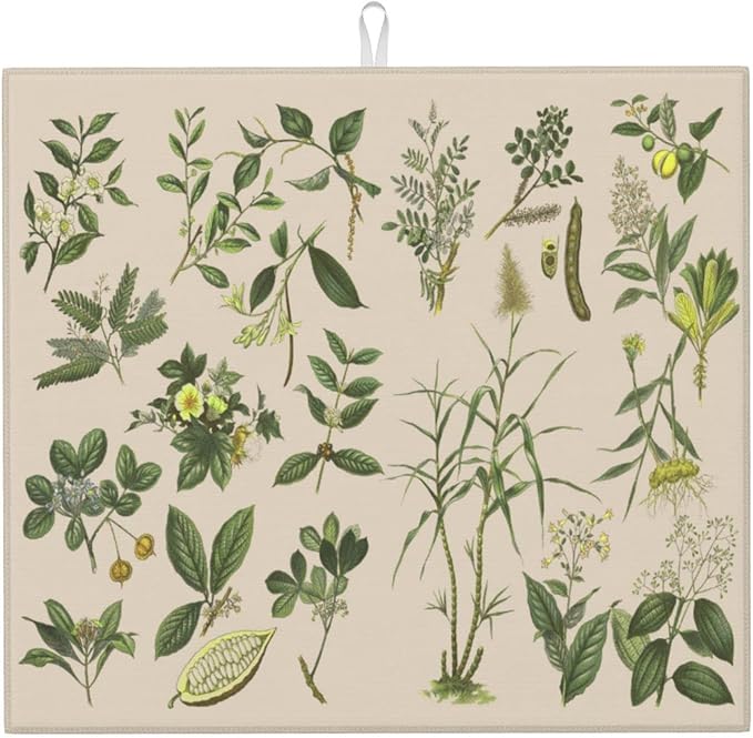 Vintage Plants Herbs Floral Color Microfiber Dish Drying Mat For Kitchen Countertop Absorbent Reversible Drainer Rack Pad 18 X 16 Inch