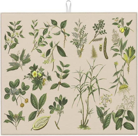 Vintage Plants Herbs Floral Color Microfiber Dish Drying Mat For Kitchen Countertop Absorbent Reversible Drainer Rack Pad 18 X 16 Inch