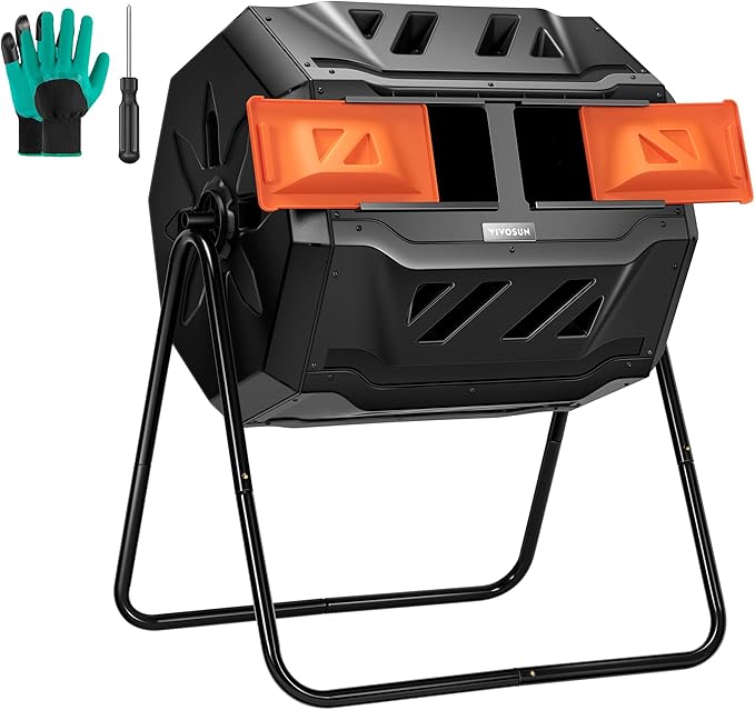VIVOSUN Outdoor Tumbling Composter Dual Rotating Batch Compost Bin, 43 Gallon Orange Door