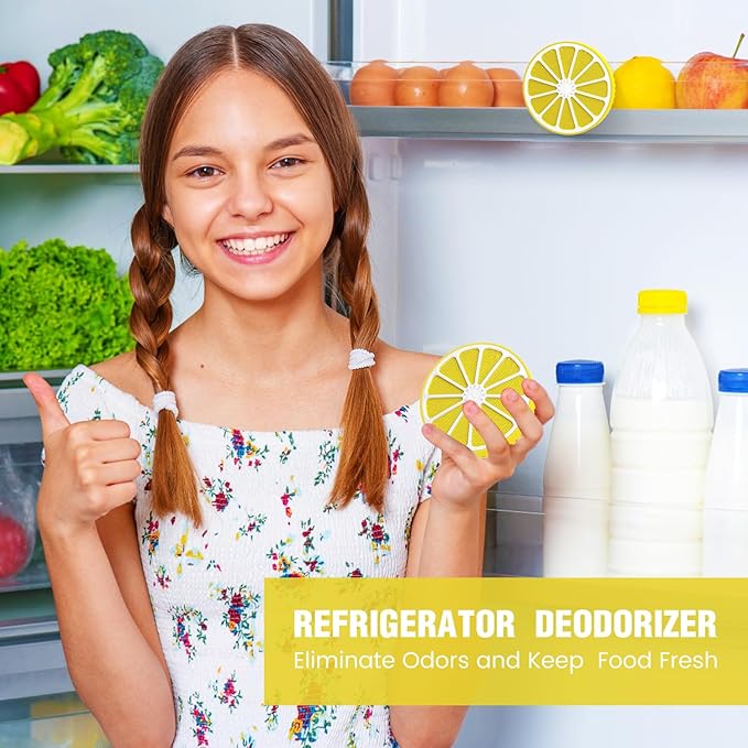 Refrigerator Deodorizer with AOP-KF Solid Alkali Technology, 2 Years Long-Lasting Fresh Odor Eliminator for Fridge, Kitchen, Apartment, Closet & Small Spaces, Lemon Design & Adjustable Clip (3 Packs)