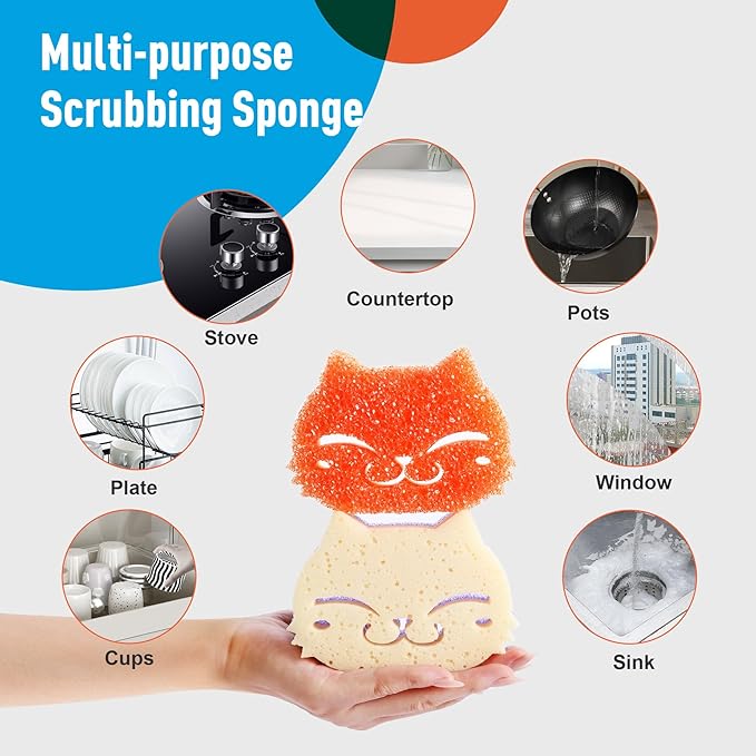 12 Pcs Scrubber Sponge Cat Smiley Shape Cleaning Sponge Double Sided Dish Sponge Multi-Purpose Sponges for Cleaning Dishes, Furniture, Kitchen, Bathroom