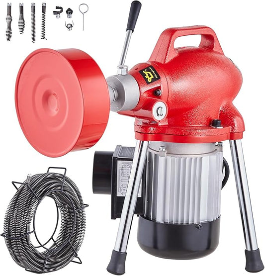 VEVOR Drain Cleaner Machine 66FT x 5/8 Inch, 250W Electric Sewer Snake Auger with 2 Sectional Steel Cables (66' x 5/8" and 15' x 3/8"), 7 Cutters and CW/CCW Control for 1.6" to 4" Pipes