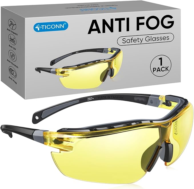 TICONN Anti-Fog Safety Glasses for Men and Women, ANSI Z87.1 Scratch Proof Eye Goggles with Adjustable Arms and UV Protection