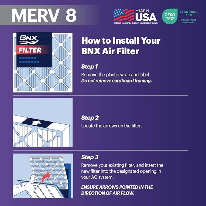 BNX TruFilter 12x12x1 Air Filter MERV 8 (6-Pack) - MADE IN USA – Dust & Pet Defense Pleated Air Conditioner HVAC AC Furnace Filters for Dust, Pet, Mold, Pollen MPR 600 – 700 & FPR 5