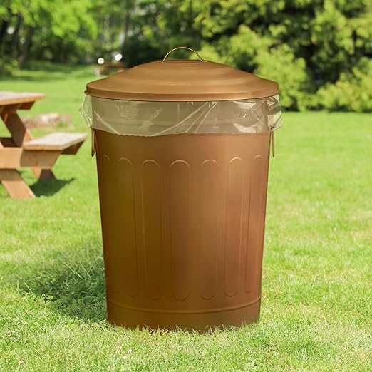 Plexon Round Trash Can 13 Gallon, Vintage Metal Outdoor Trash Can with Lid, Retro Farmhouse Garbage Container, Old School Modern Ash Bucket, Copper 2 Pack