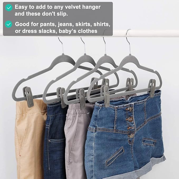Grey Velvet Clips for Velvet Hangers - 20 PCS Gray Non Slip Velvet Hanger Clip, Pants Hanger Velvet Clips Fit for Slim Velvet Hangers, Clothes-pins for Grey Velvet Hangers