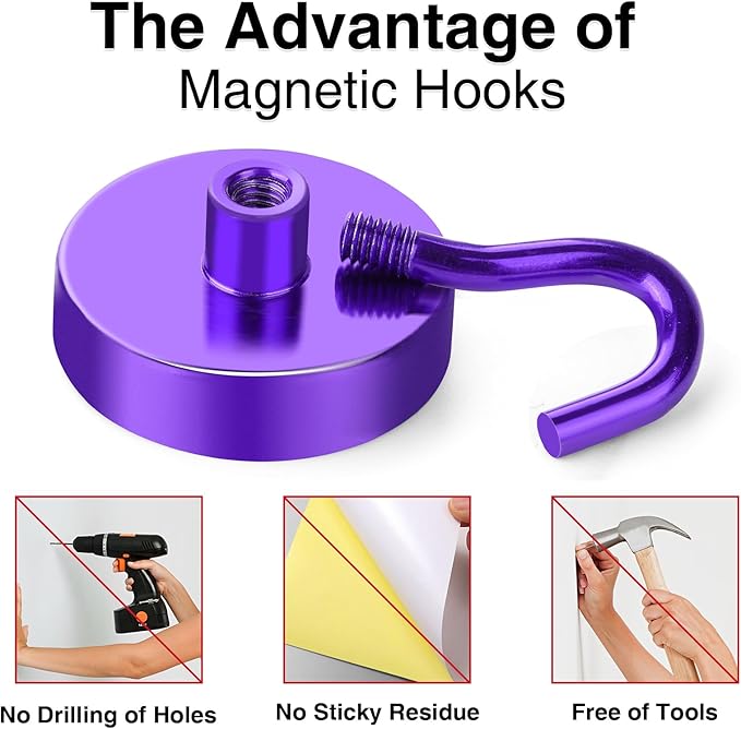 MIKEDE Magnetic Hooks,150LB Heavy Duty Magnets with Hook for Fridge, Strong Magnet Neodymium Industrial Hooks Hanging, Hanger Toolbox, Cruise(Purple, 10 Pack)