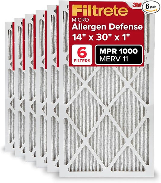 Filtrete 14x30x1 AC Furnace Air Filter, MERV 11, MPR 1000, Micro Allergen Defense, 3-Month Pleated 1-Inch Electrostatic Air Cleaning Filter, 6 Pack (Actual Size 13.81x29.81x0.81 in)