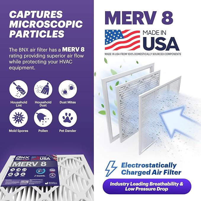 BNX TruFilter 14x25x1 Air Filter MERV 8 (6 Pack) - MADE IN USA – Dust & Pet Defense Electrostatic Pleated Air Conditioner HVAC AC Furnace Filters for Dust, Pet, Mold, Pollen MPR 600 – 700 & FPR 5
