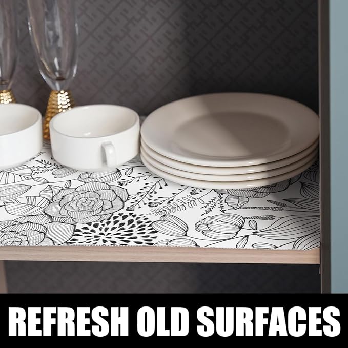 Floral Drawer and Shelf Liner for Kitchen 12IN x 20FT, Non-Adhesive and Strong Non-Slip Cabinet Drawer Liners, Waterproof Thickened Shelf Liner,Easy to Clean,Black and White