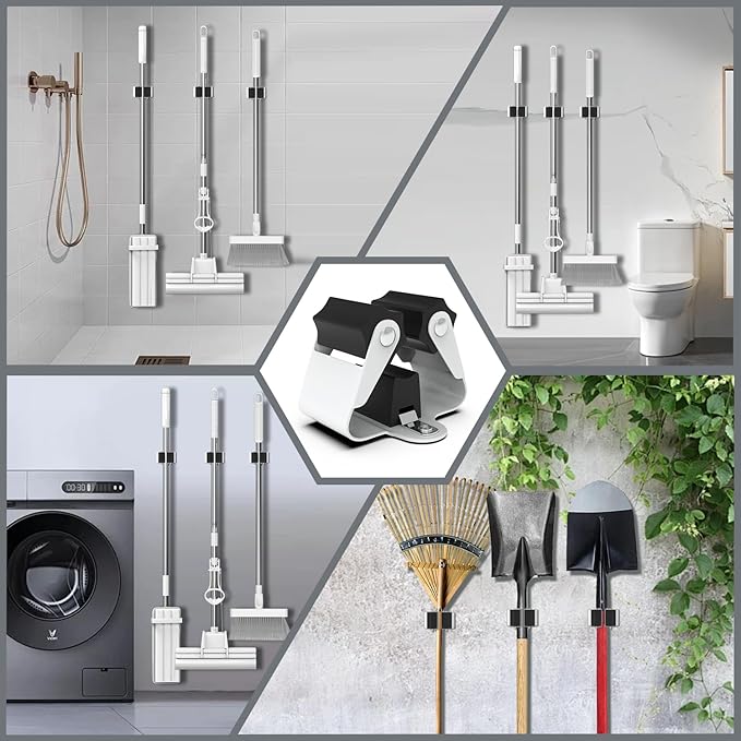 3-H Broom Hanger,Mop Holder Wall Mount 8 Pack, Broom Holder Wall Mount for Hanging and Organizing Shovel,Rake,Brush,Yard Tools in Kitchen,Laundry Room,Bathroom,House(black)