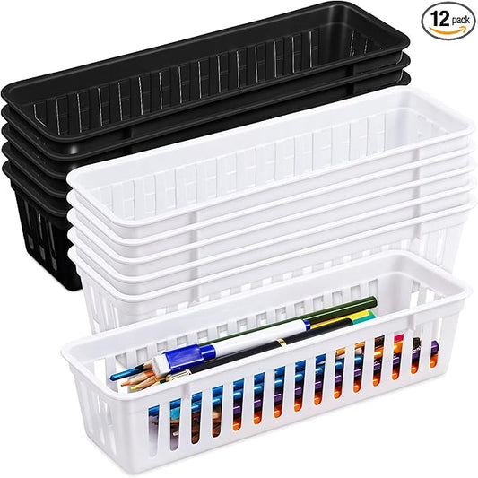Domensi 12 Pack Slim Plastic Storage Baskets Tray for Organizing 10.25x3.25x2.5 Inch Small Narrow Storage Bins Stackable Drawer Pencil Trays Holder for Desk Garage Cabinet Container (White, Black)