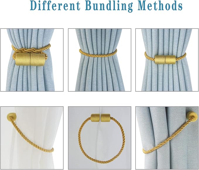 Magnetic Curtain Tiebacks 6 Pack Gold Curtain Rope Tieback Curtain Holders for Drapes Modern Tie Backs Decorative Curtain Holdbacks