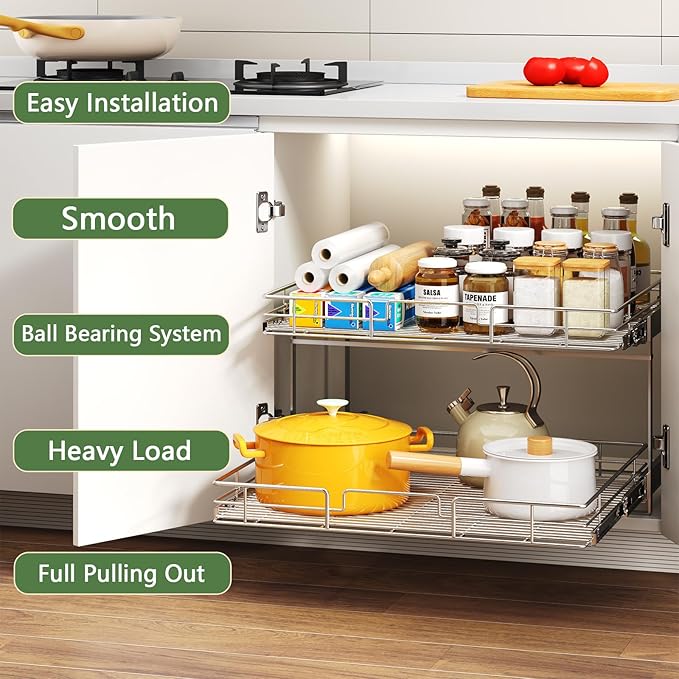 2 Tier Individual Pull Out Cabinet Organizer 27" W x 21½" D, Heavy Duty Cabinet Pull Out Shelves, Slide Out Drawers Organization for Kitchen Cabinets Bathroom