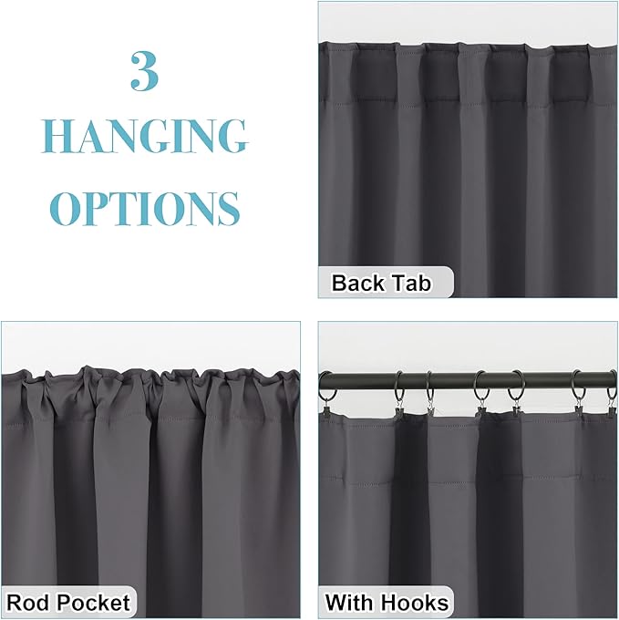 RYB HOME Blackout Curtains for Kitchen, Room Darkening Half Window Treatment Energy Saving Privacy Valances Tiers for Bedroom Bathroom Dining Room, Grey, W42 x L36 inch, 2 Panels