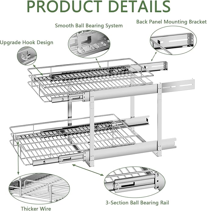 2 Tier Individual Pull Out Cabinet Organizer 13½" W x 21½" D, Heavy Duty Cabinet Pull Out Shelves, Slide Out Drawers Organization for Kitchen Cabinets Bathroom