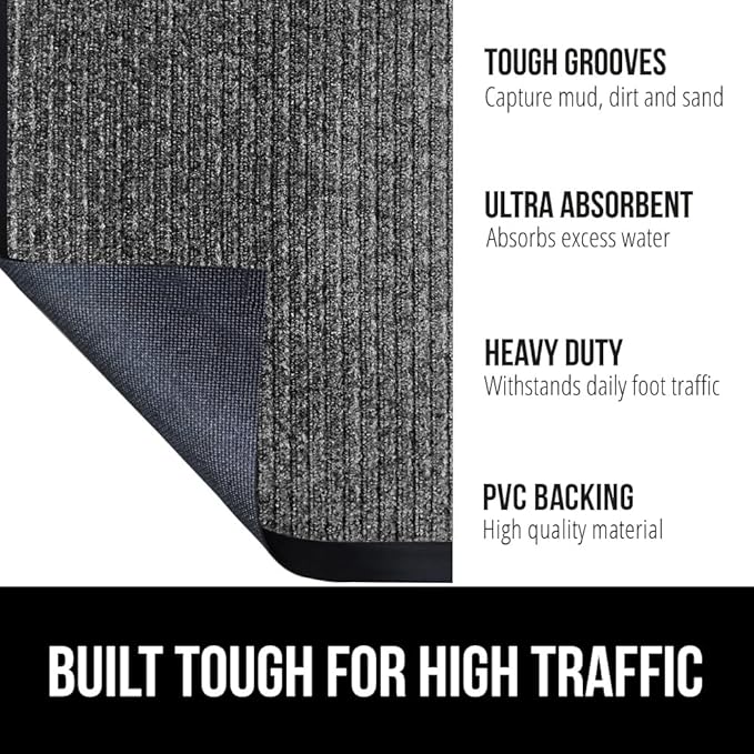 GORILLA GRIP Traffic Guard Door Mat, 70x24, Heavy Duty Welcome Mats, Commercial Office Space Doormat, Waterproof, Fade Resistant, Strong Rubber Backing, Low Profile, Shoe and Boot Scraper, Gray