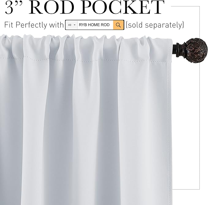 RYB HOME Window Curtains Room Darkening Energy Efficient Privacy Protect Drapes for Bedroom Living Room, 42 in Wide by 54 Long, Greyish White, 1 Pair