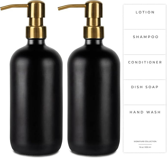 Emerson Essentials Soap Dispensers, Dish Soap Set for Kitchen, Farmhouse Bathroom Set, Hand Soap Dispenser | Glass Soap Dispenser with Pump and Labels, 16 Oz, 2 Pack