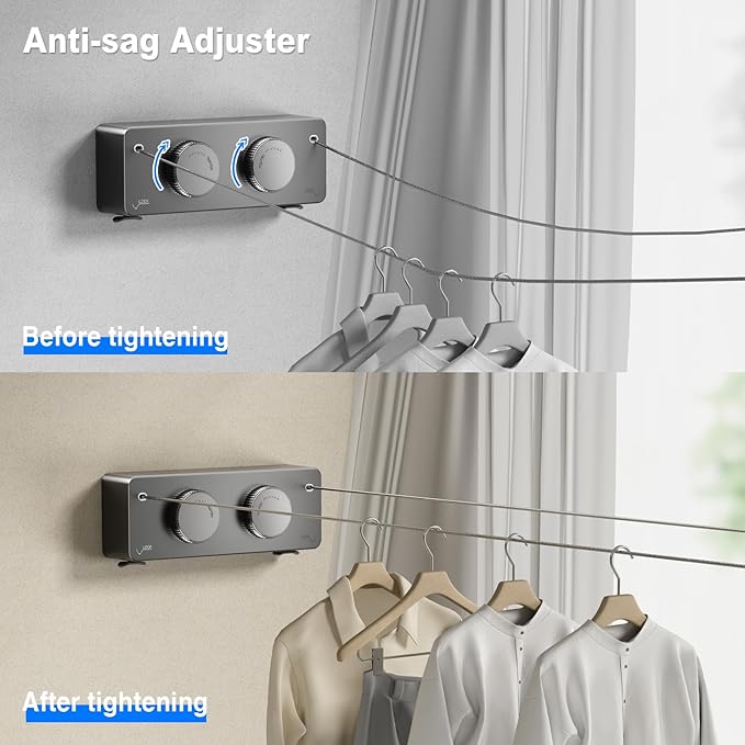Retractable Twin Clothesline Indoor, Non-Sagging Outdoor Clothes Line Retracting Heavy Duty Clothes Drying Laundry Line Wall Mounted Stainless Steel Line-13.8Feets(Double Line-Gray)