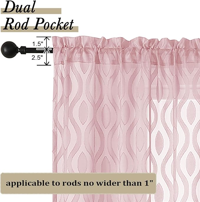 Aiyufeng Sheer Curtains 72 Inches Long for Living Room 2 Panels Set, Light Filtering Clip Jacquard Textured Sheer Bedroom Curtain, Chic Wavy Line Sliding Door Curtains, Blush Pink, 40" Wx72 L Inches