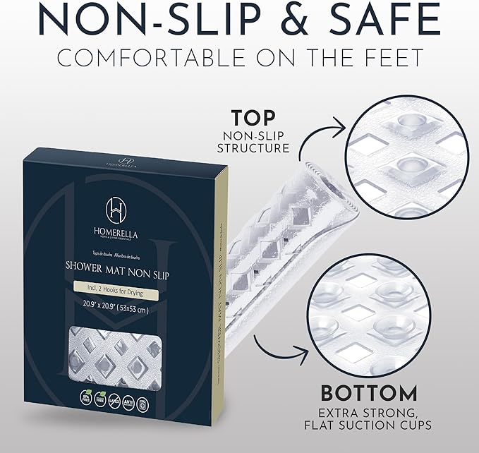 Homerella Anti Slip Shower Mat | Anti Mold Non Slip Bathtub Mat for Inside Shower | Square Floor Shower Mat 21 x 21 inch with Suction Cups for Grip & Hooks Hanging and Quick Drying | Machine Washable