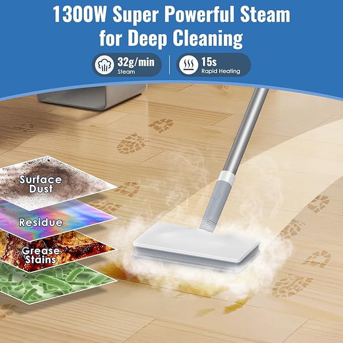 FEPPO Steam Mop with Detachable Handheld Steam Cleaner for Home and Floor Cleaning, 10-in-1 Multi-purpose Attachments & 2 Pads, Powerful Steamer for Floors, Hardwood, Tiles,Grout,Windows,Kitchen,Bath