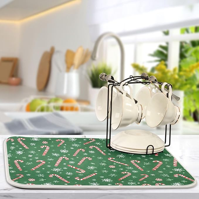 Christmas Candy Cane Dish Drying Mat for Kitchen Countertop 16x18 Winter Snowflake Green Xmas Small Drying Mat Reusable Quick Dry Dish Sink Mats Easy Clean Decorative Essentials