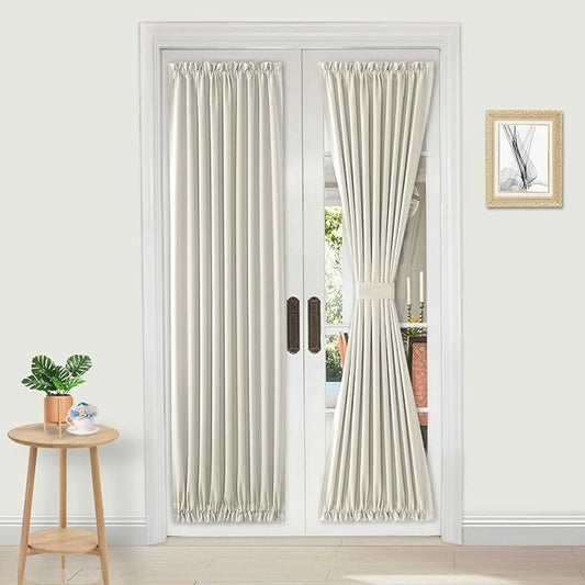 DWCN French Door Curtains – Rod Pocket Thermal Blackout Curtain for Doors with Glass Window, Kitchen and Patio Doors for Privacy, 25 X 72 Inches Long, 1 Curtain Panel with Tieback, Ivory