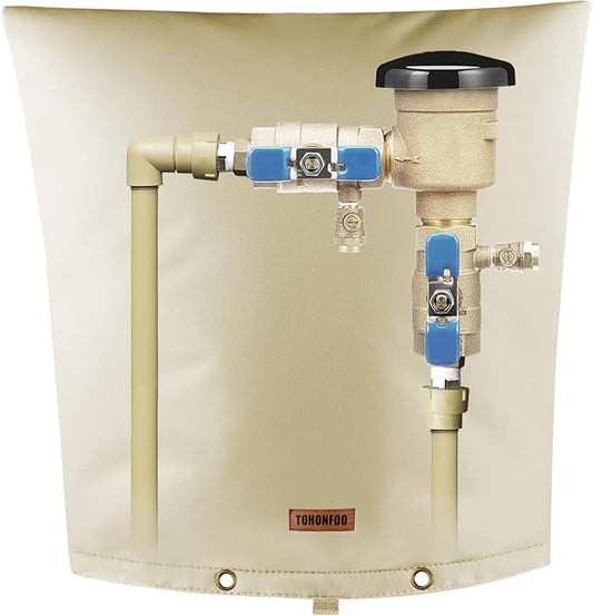 TOHONFOO Backflow Preventer Pipe Insulation Cover (5°F) - Irrigation Sprinkler Valve Insulated Pouch - Water Well Pump Cover - Sturdy 5 Layers for Winter Freeze Protection, 24" W x 26" H, Beige
