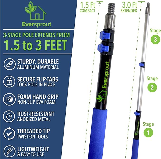 EVERSPROUT 1.5-to-3 Foot Swivel Squeegee and Microfiber Window Scrubber (8-10 Ft Standing Reach) | 2-in-1 Window & Glass Cleaning Combo | Lightweight, Aluminum Extension Pole | Includes 10-inch Blades