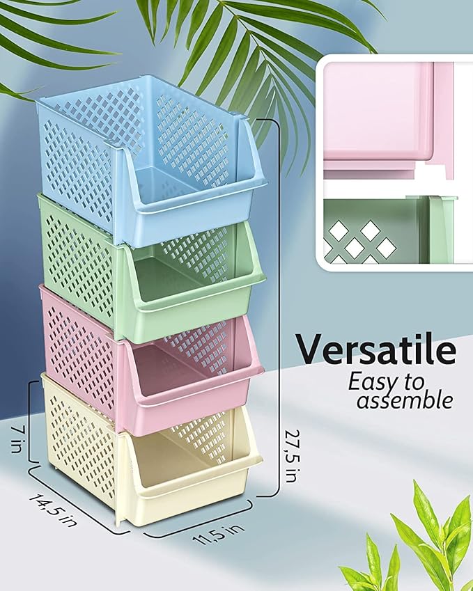 TidyFriend Plastic Stackable Storage Bins for Pantry - 8 Pack Stackable Bins for Organizing Food, Kitchen, and Bathroom Essentials (Multi)